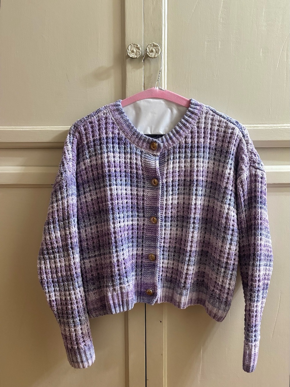 Aqua Lavender/Purple Plaid Button Cardigan